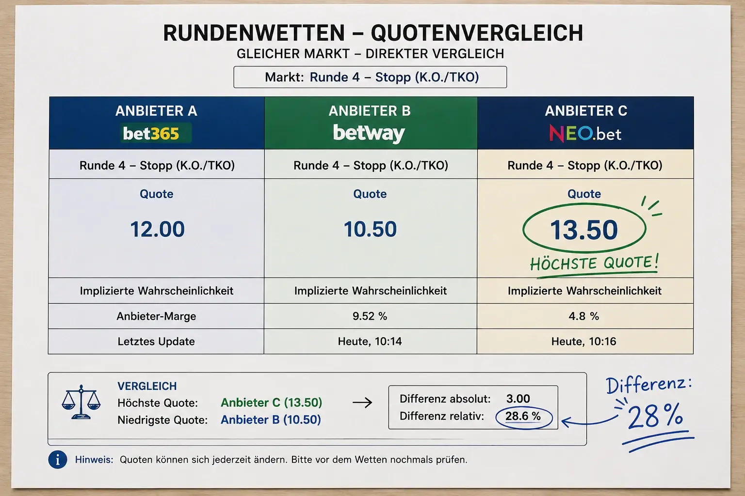 Typische Quotenspannen bei Boxen-Rundenwetten – Vergleich von Anbieter A, B und C für dieselbe Runde