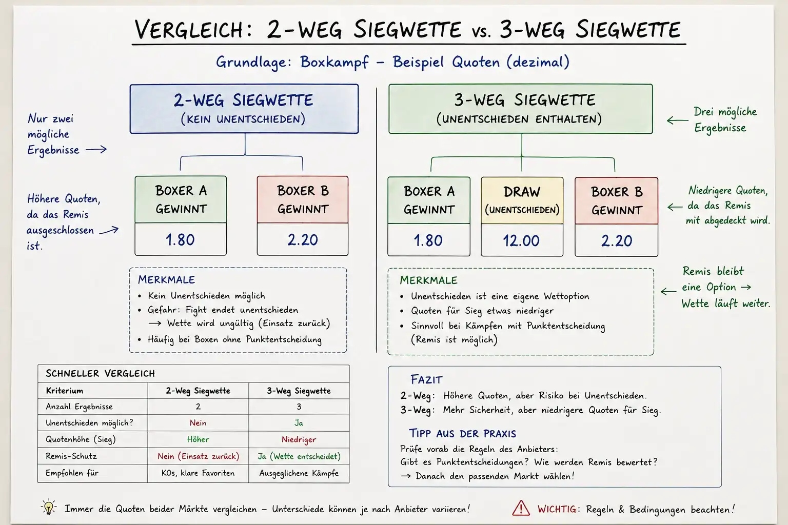 2-Weg vs. 3-Weg Siegwette Boxen – Vergleich beider Wettmärkte mit Beispielquoten