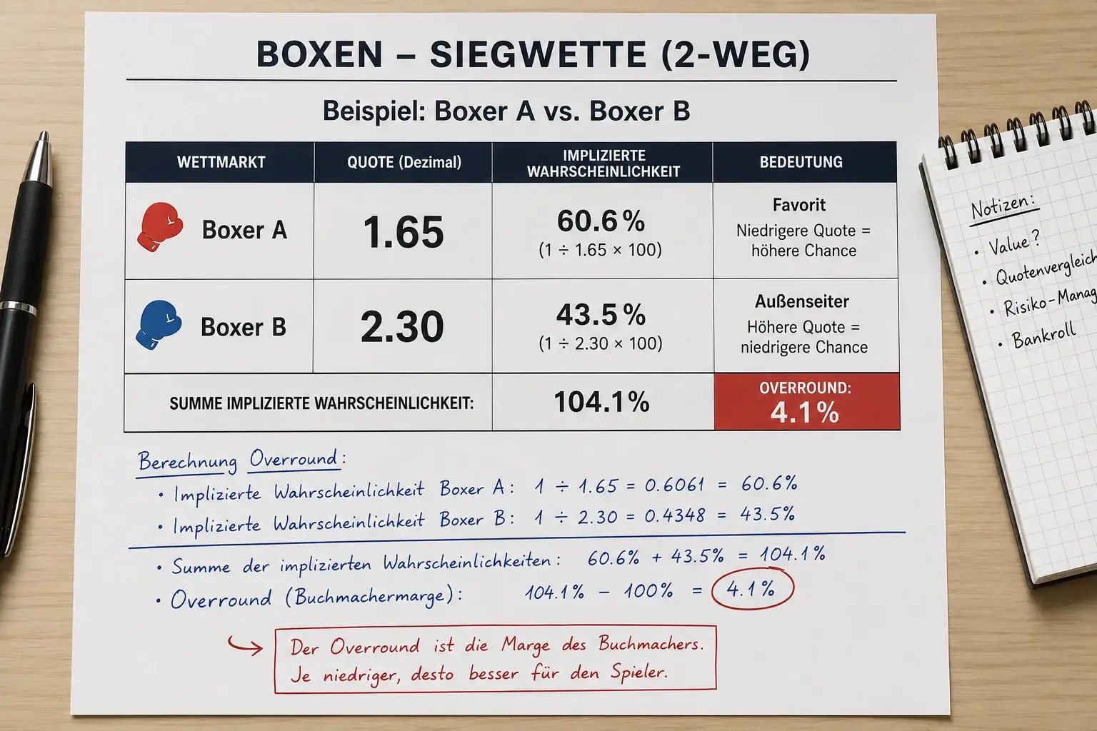 Boxwetten-Quoten lesen und Overround eines Siegwette-Markts berechnen