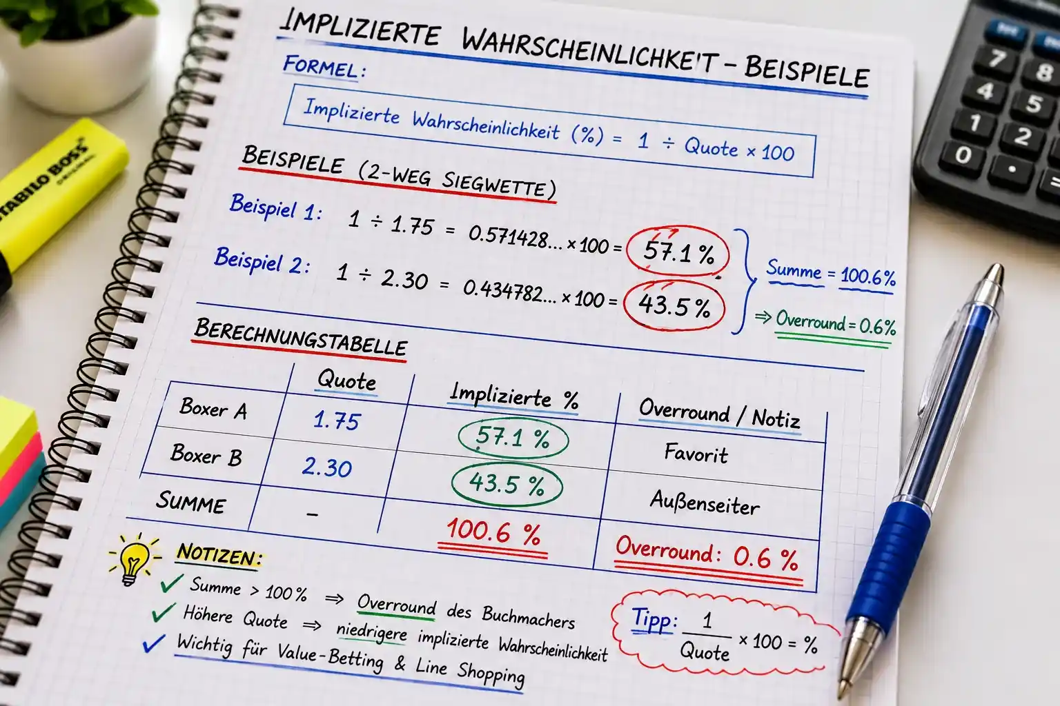 Implizierte Wahrscheinlichkeit aus Boxwetten-Quoten berechnen – mathematische Tabelle