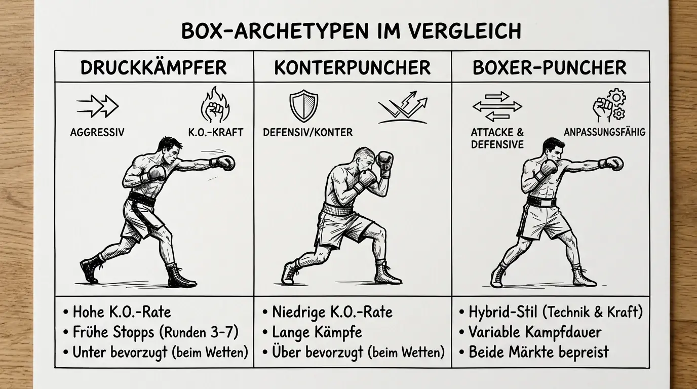 Kämpferstil und Kampfdauer beim Boxen – Druckkämpfer, Konterpuncher und Boxer-Puncher im Über/Unter-Vergleich