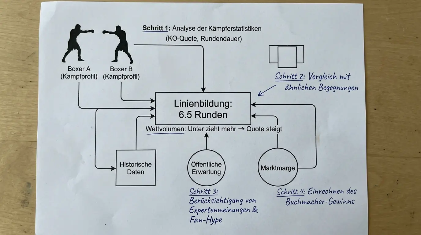 Buchmacher setzen Über/Unter-Linie Boxen – Diagramm zur Linienbildung basierend auf Kämpferprofilen und Wettvolumen