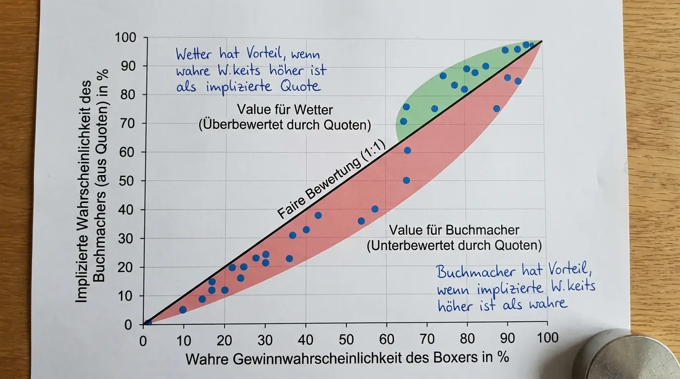 Value Betting Boxen erklärt – Diagramm des Zusammenhangs zwischen wahrer Wahrscheinlichkeit und Buchmacherquote